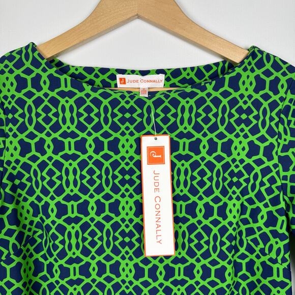 Jude Connally Women's Medium Marlowe Lattice Geo Navy Green Dress Stretch - Picture 2 of 7